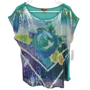 🟢2461 * Bongo Sequin Floral Semi Sheer Blouse Teal Multicolor Size L NWT